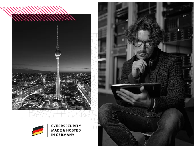 Berlin bei Nacht und ein Cyberfunk-Berater mit Tablet